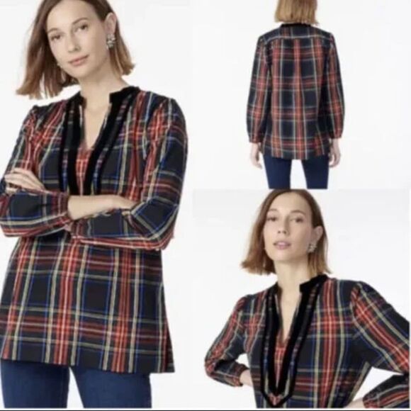 J.Crew Plaid Velvet Trim Blouse Preppy Holiday Classic Academia Chic Layering - Picture 15 of 15